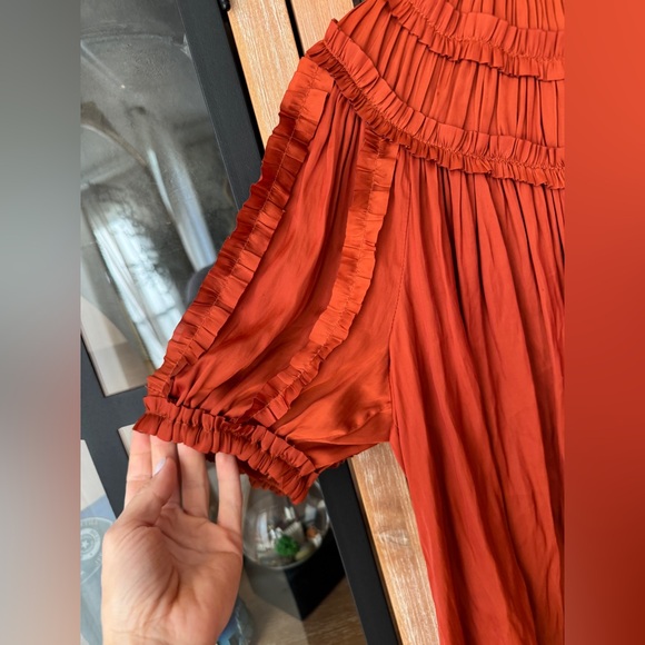 Ulla Johnson Aimee top blouse ruffle short sleeve clay rust satin tie front - Picture 7 of 12